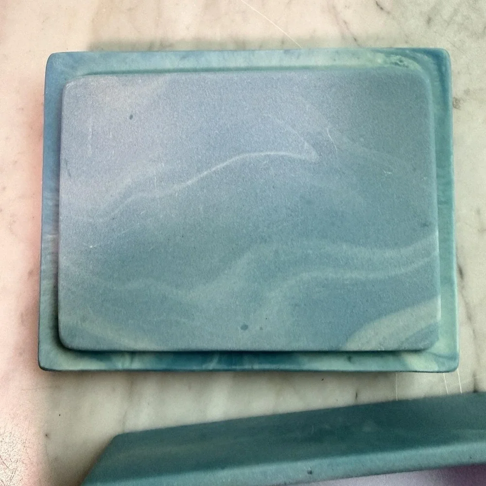 VTG 80s Genuine Incolay Stone Unicorn Mother Baby Trinket Box Powder Blue White